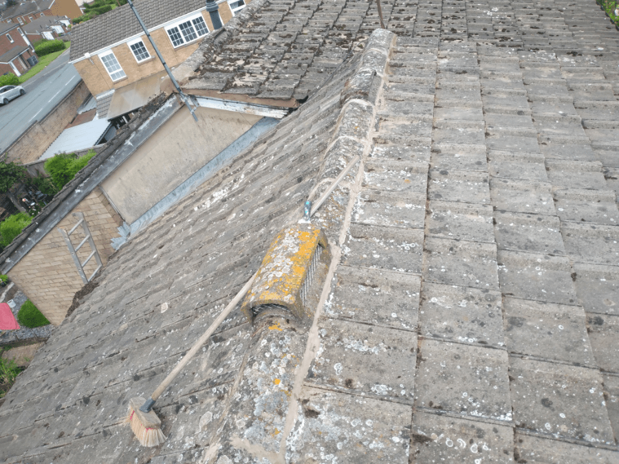 A view from the roof after pointing the ridge tiles and scraping the moss off the rest of the tiles.